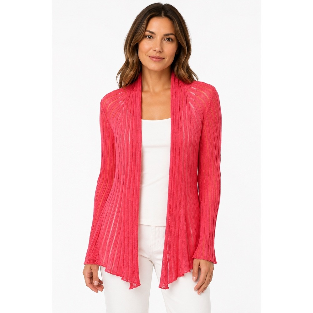 EILEEN FISHER‎ Peony Pink Variegated Linen Silk Angled Ribbed Cardigan Large